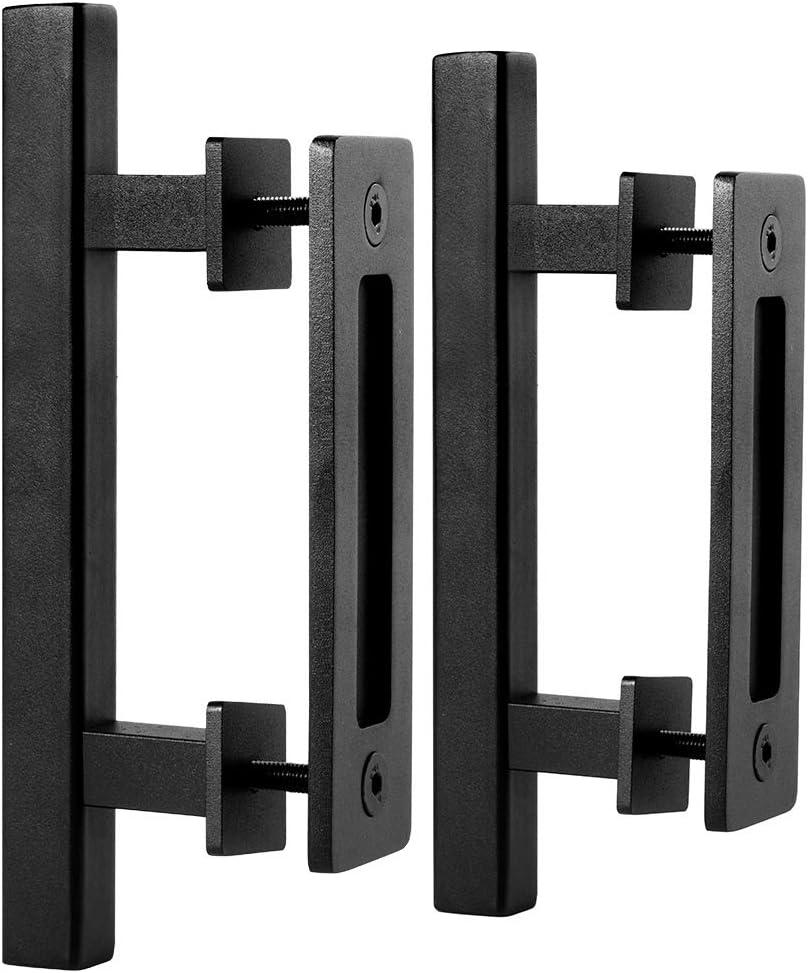 EaseLife 2 Pack 10" Sliding Barn Door Pull Handle with Flush Hardware, Double Sided, Heavy Duty, Rustic, Matte Black Powder Coated, Easy Install, Square