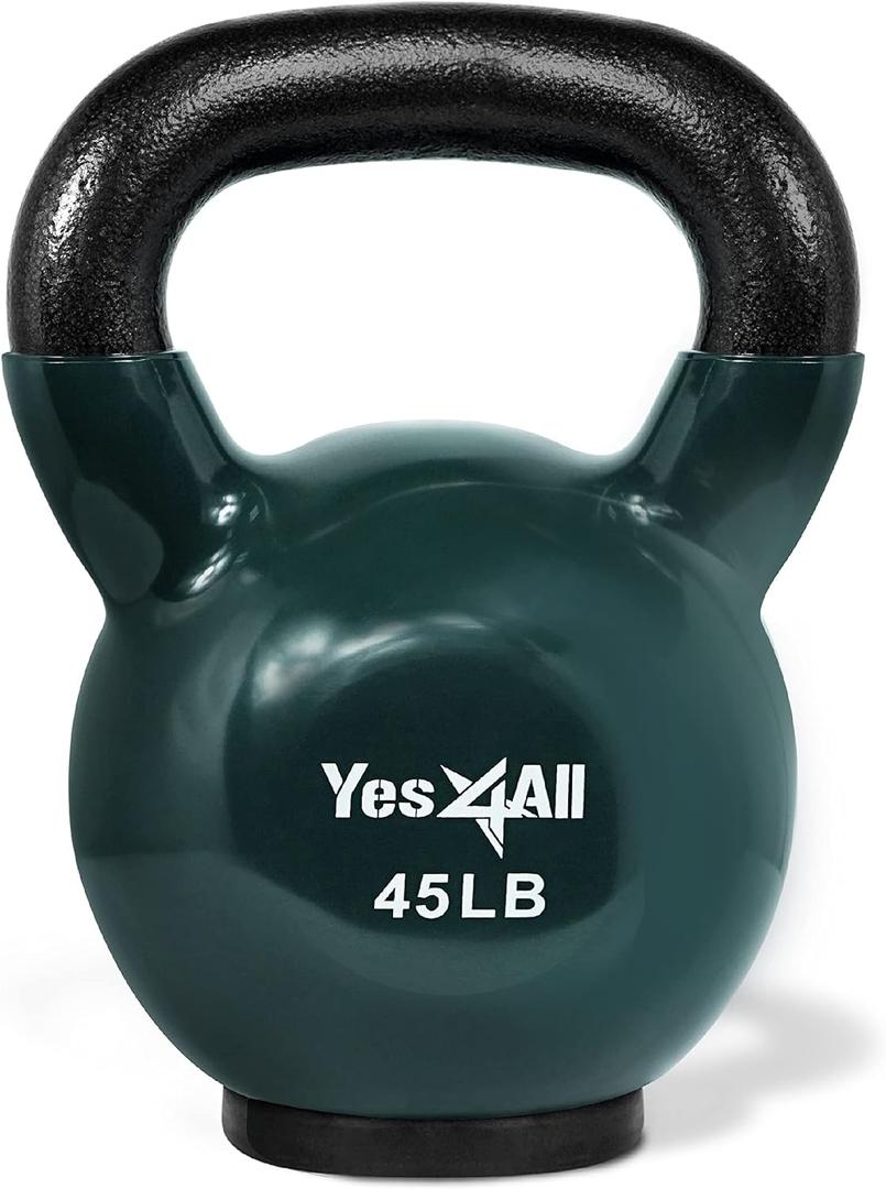 Yes4All Vinyl Coated Kettlebell With Protective Rubber Base, Strength Training Kettlebells for Weightlifting, Conditioning, Strength & Training (45LB - Midnight)