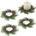 Bacucine 4 PCS Christmas Candle Rings Christmas Decorations Artificial Berries Pine Needles Candle Wreaths for Home Wedding Living Room Table Decoration