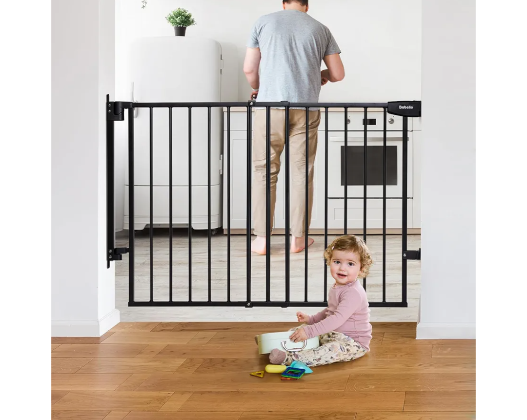 Babelio 29.7-46.5" No Bottom Bar Baby/Dog Gate for Stairs, House and Doorways, Auto Close Safety Pet Gates with Large Walk Thru Door, Hardware Mount, Black