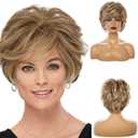 Kaneles Short Blonde Wigs for White Women Natural Layered Fluffy Wavy Full Synthetic Wigs(Dark Roots)