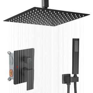16 Inch Ceiling Mount Matte Black Shower System Bathroom Luxury Rain Mixer Shower Combo Set Ceiling Rainfall Shower Head System (Contain Shower Faucet Rough-in Valve Body and Trim Kit)