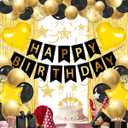 Lutoys Black Gold Happy Birthday Party Decorations, Happy Birthday Banner, Black Gold Foil Heart Star Confetti Balloons Curtain Backdrop Hanging Swirls Party Decor for Boys Men