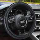 Haokay Heavy Duty Pure Cowhide Steering Wheel Cover, Black Genuine Leather Steering Wheel Cover Men Women Comfort Finger Grips Universal 14.5 to 15 Inch