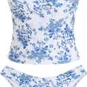 ZAFUL Women's Floral Tankini Swimsuits Bandeau Tummy Control High Cut Tankini Set Two Piece Bathing Suit(1-Blue, M)