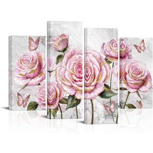 sechars Pink Roses Wall Art Flower and Butterflies Painting Pictures Modern Girl Bedroom Pink and Gold Decor