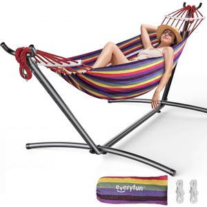 EveryFun Double Hammock with Heavy-Duty Steel Stand,Portable,Easy Assembly,600lbs Weight Capacity,Perfect for Indoor,Yard,Camping,or Outdoor-Rainbow