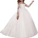 Abaowedding Lace Embroidery Sheer Long Sleeves Kids Trailing Gowns (White)