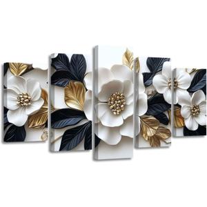XLMDYYSW Large Canvas Wall Art for Living Room 5 Pieces White and Gold Flower Picture Botanical Floral Print Painting Modern Artwork for Bedroom Decor Framed (8x14inx2 8x18inx2 8x22inx1)