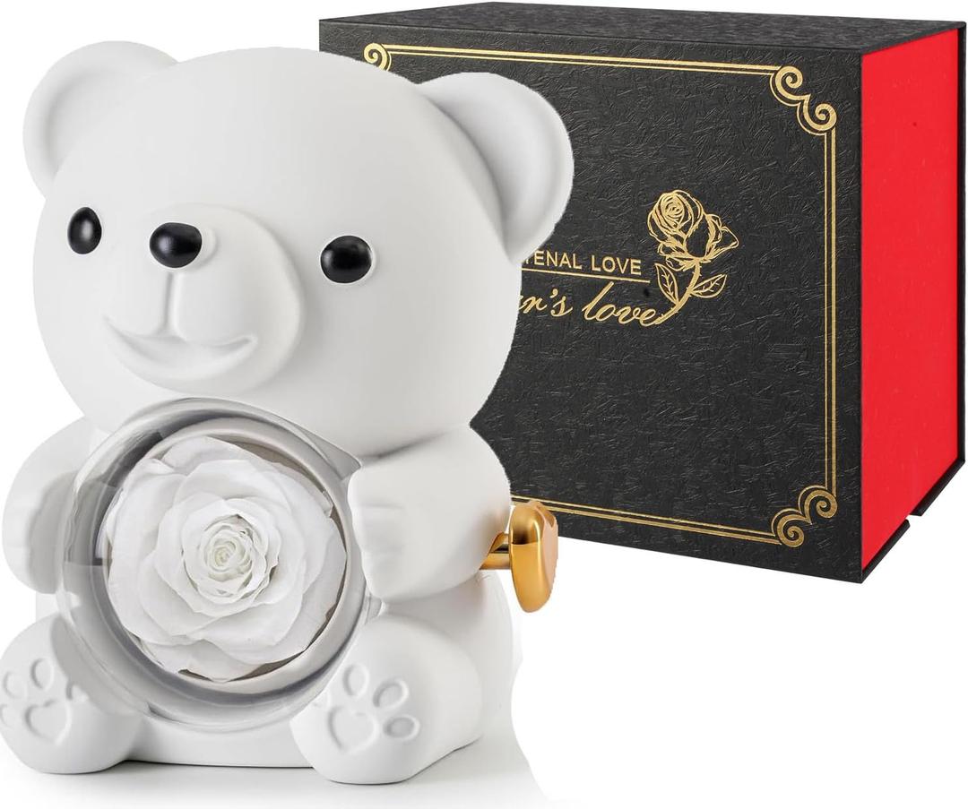 Cute Teddy Bear with Forever Preserved Real Rose,Eternal Flowers Elegant Rose Box with Teddy Bear Gift Card, Romantic Gift for Her in Valentine's Day, Mother's Day,Weddings, (White)