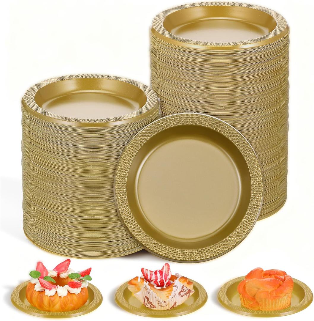 200 Pcs Gold Dessert Plates 6 Inch Plastic Appetizer Cake Plates Disposable Heavy Duty Gold Party Plate For Party Wedding Birthday Dinner Picnic Salad Cake Appetizer