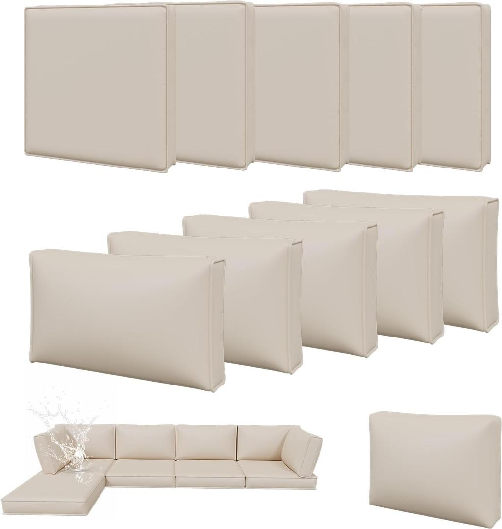 Aoxun 11pcs Patio Cushion Covers Replacement, Waterproof Outdoor Furniture Cushion Covers with Zipper and Non-Slip Bottom, Patio Sofa Couch 3 Sizes for Patio Sectional, Covers Only (Beige)