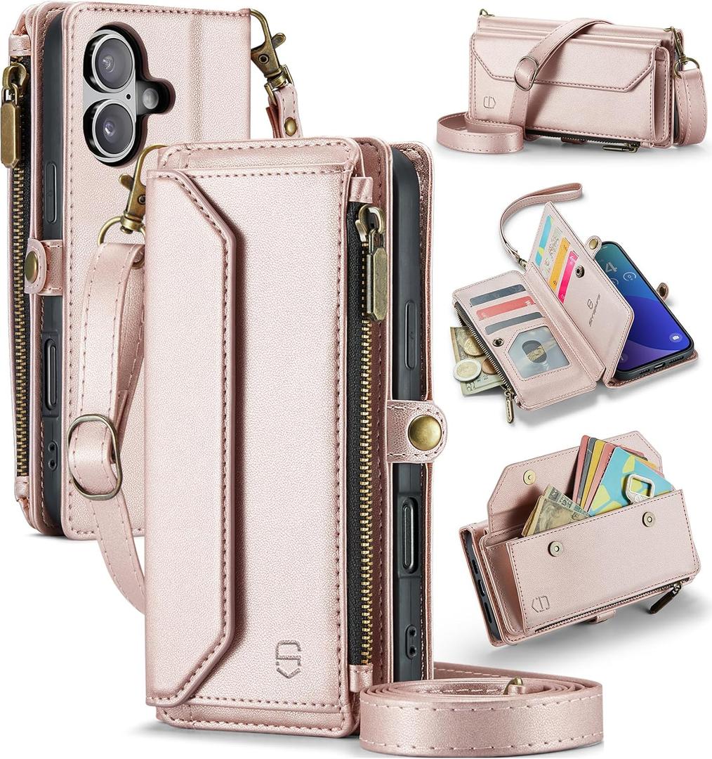 Strapurs Wallet Case Compatible with iPhone 16 Plus 6.7" RFID Blocking 10-Card Holder Soft PU Leather Magnetic Snap Shoulder Strap Zipper Pocket Phone Case Fit for iPhone 16 Plus - Rose Gold