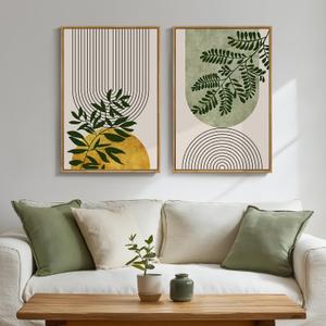 Framed Green Boho Wall Art Set of 2 for Living Room Decor, Bohemian Botanical Geometric Pictures Artwork for Walls, Modern Neutral Canvas Painting Print Wall Decor for Bedroom Home Office, 16x24 Inch, 16" W x 24" H x 2Pcs