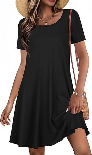 Summer Dresses for Women Casual Short Sleeve Sundress Scoop Neck Beach T Shirt Dress with Pockets M