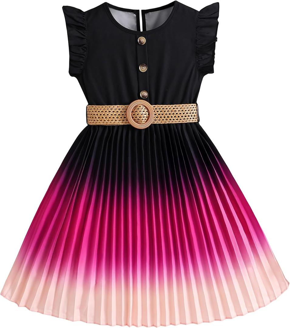 Hilinker Toddler Girl Pleated Dress Ruffle Sleeveless Retro Party Dresses with Belt Black Pink Gradient 5-6Y