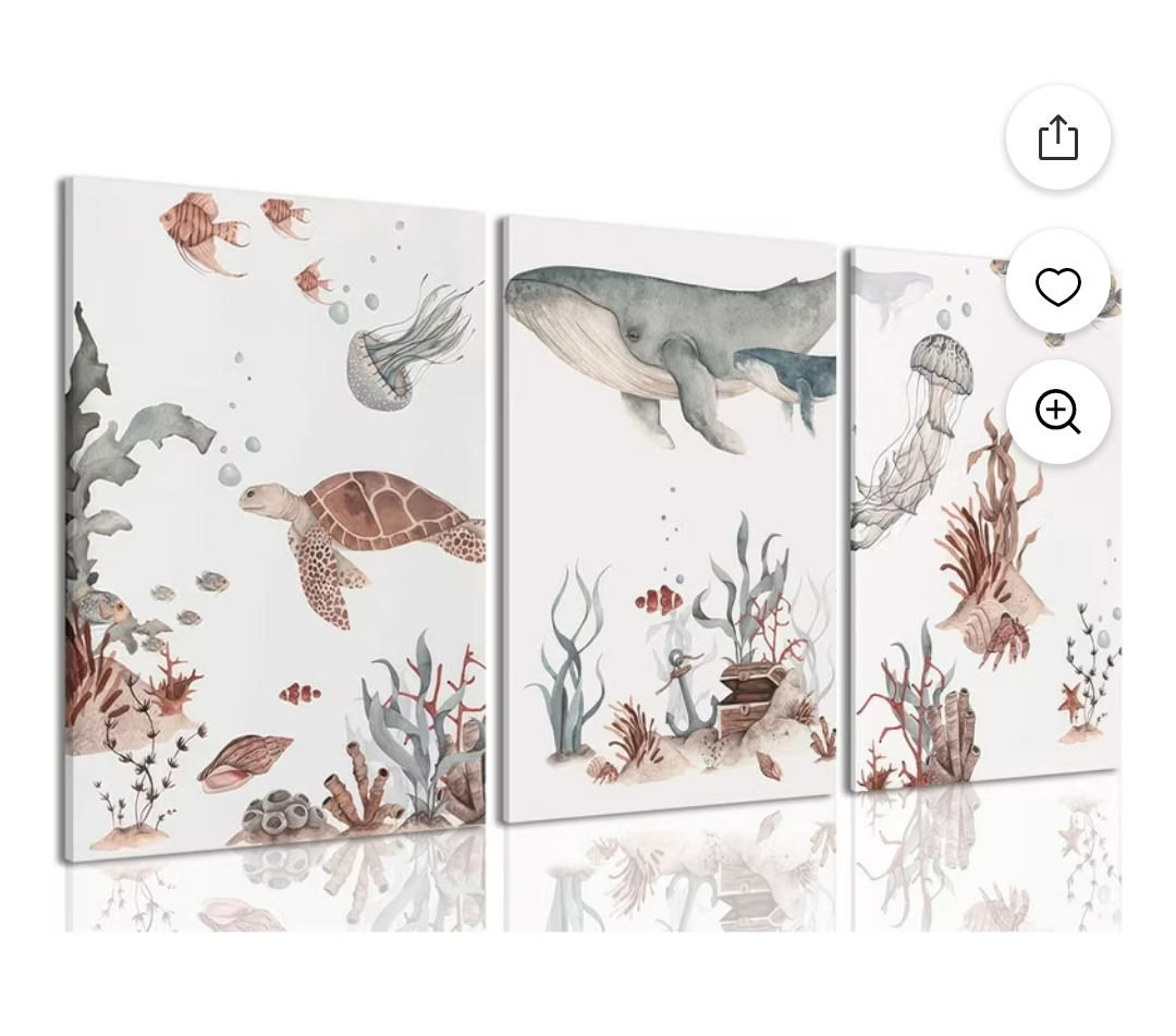 Wodkwq Ocean Nursery Decor, Set of 3 Boys Room Sea Animal Wall Art Picture Canvas Prints, 16x24in Framed