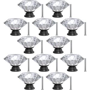 12-Pack Crystal Glass Cabinet Knobs for Home Decor, Vanity Drawers, Desks, Wardrobe Doors, Standard Screws Easy Installation for Home Refurbishment and Redecoration (Clear Crystal, 40mm, Black Base)