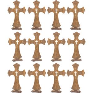 12 Inch 12 Pack Brown Wood Crosses Torched Wooden Tabletop Cross Rustic Standing Cross for Baptism Centerpieces Home Church Decor Prayer Gifts