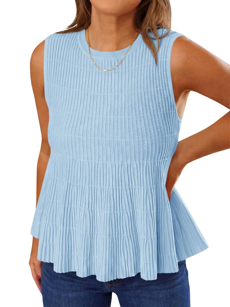 Saodimallsu Womens Peplum Ribbed Tank Tops Cute Sleeveless Knit Ruffle Crew Neck 2026 Summer Sweater Vest Sky Blue (Blue), Medium