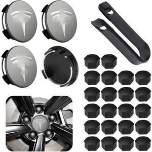 4 Pack Car Wheel Center Hub Cap Kit with 22 Lug Nut Covers, 2.2 in (56mm) Wheel Rim Covers Center Hubcaps with Emblem for Model 3 / Model Y, Gray & Silver Exterior Decoration for Tesla