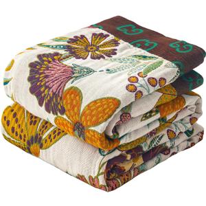 Boho Throw Blanket for Bed, 100% Cotton Muslin Soft Twin Throw-Floral Farmhouse Rustic Decor Blanket for Couch Sofa Quilt and Gift, 60" x 80"-BeigeWhite (Flower-jungle)