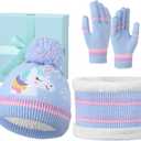 Cutecrop 3 Set Unicorn Kids Toddlers Winter Knit Hat Scarf Gloves Set for Boys Girls Age 4-7 Pompom Hat Mittens Scarves