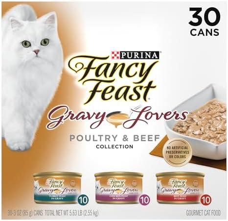 Purina Fancy Feast Gravy Lovers Poultry and Beef Grilled Gourmet Wet Cat Food Variety Pack - (Pack of 30) 3 oz. Cans , BBD 01/28