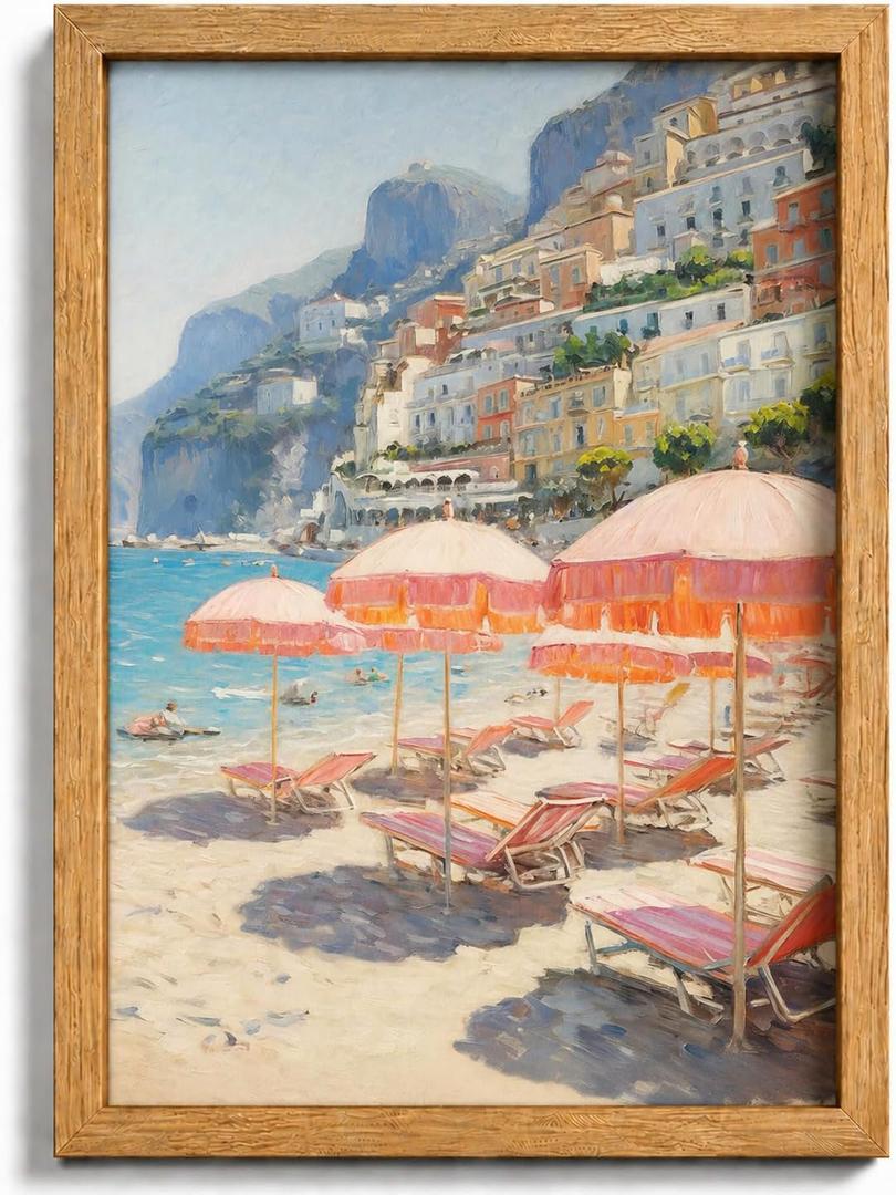 Framed Pink Umbrella Coastal Canvas Wall Art,Beach Scene Picture Wall Decor, 24"L x 16"W