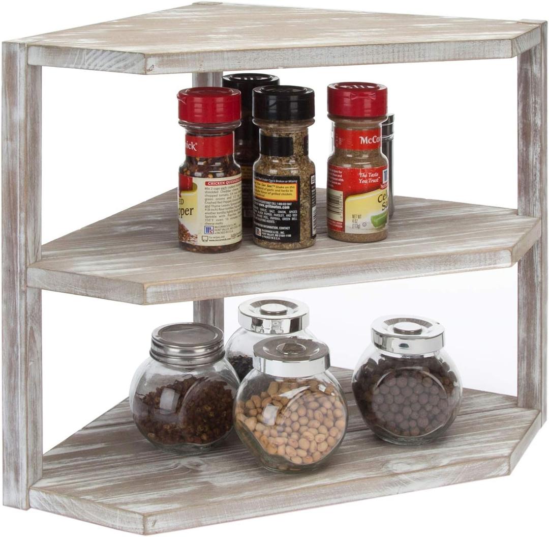 MyGift Rustic Brown Washed Solid Wood Kitchen Counter Corner Shelf, 3 Tier Storage Organizer Spice Rack Condiment Shelf