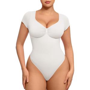 FeelinGirl Short Sleeve Bodysuit for Women V Neck Tummy Control Shapewear Seamless Thong Body Suits Tops (X-Large, Creamy White)