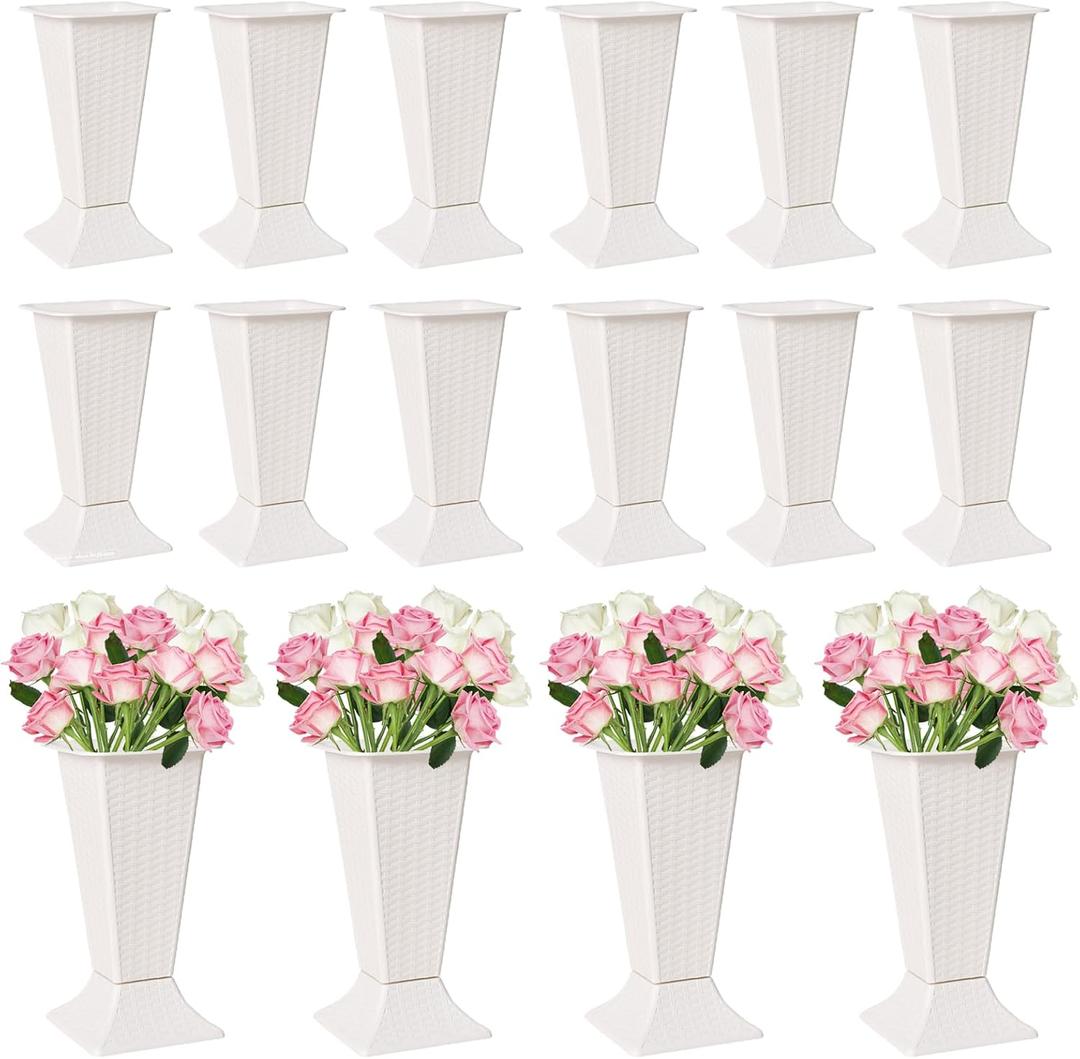16 Pcs White Flower Buckets for Cut Flowers 9.8 inch Plastic Floral Buckets Modern Square Vases for Displaying Flowers in Florist Shop or Home Wedding Table Decorations