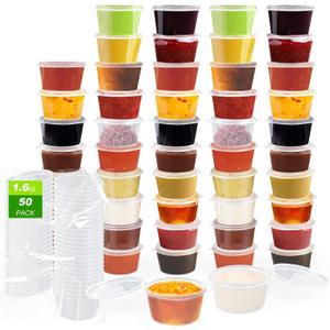 50 Pcs Condiment Containers with Lids, Disposable Small Snack Containers,Portion Cups Reusable PlasticSalad Dressing Container for Leakproof to go Sauce, Sampling, Travel Snack (1.7 OZ)