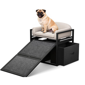 Non Slip Dog Ramp with Seat & Storage Drawers, Extra Wide Doggie Stairs, Metal Frame Puppy Chair for High Bed Couch Office, Dachshunds Ladder, Washable Cushion Pet Step for Small Old Pets (Khaki)