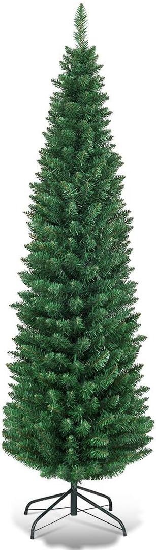 5FT Pencil Christmas Tree, Slim Skinny Hinged Pine Tree with PVC Material, 220 Branch Tips, Solid Metal Legs, Unlit Artificial Xmas Tree for Home, Holiday, Hotels, Outdoor Decoration, Green