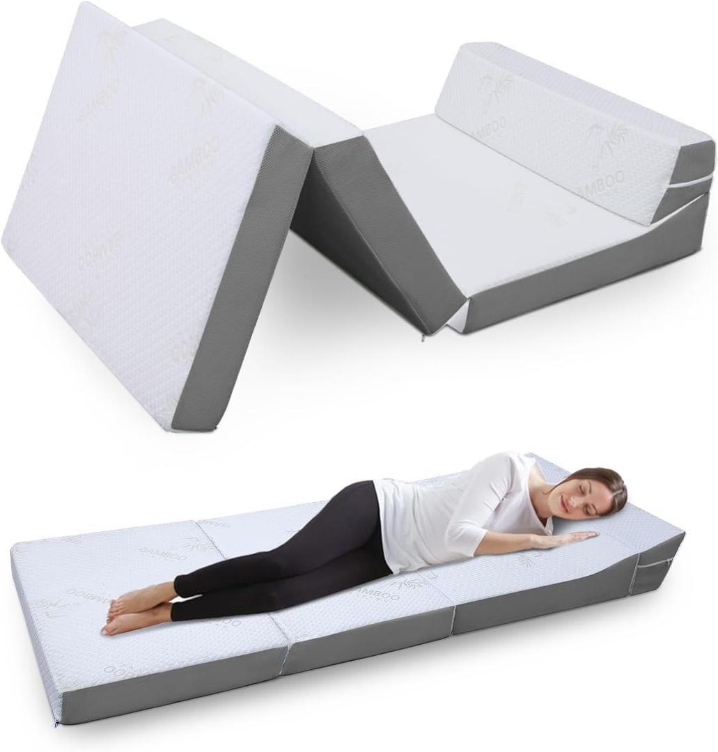 Foldable Mattress with Pillow- 4 Inch Memory Foam Tri-fold for Adults&Kids- Portable Folding Floor Tent, Camper, RV Travel, Guest (Cot, Grey)