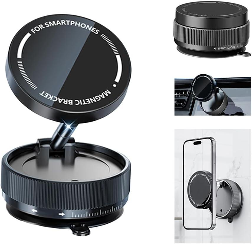 Vacuum Suction Magnetic Car Phone Holder Mount Fit All Phones,Adjustable Phone Holders for Your Car,Mechanical Knob No Need Charging,Metal Ring Stick Outside if Case Non-Magnetic (Black)