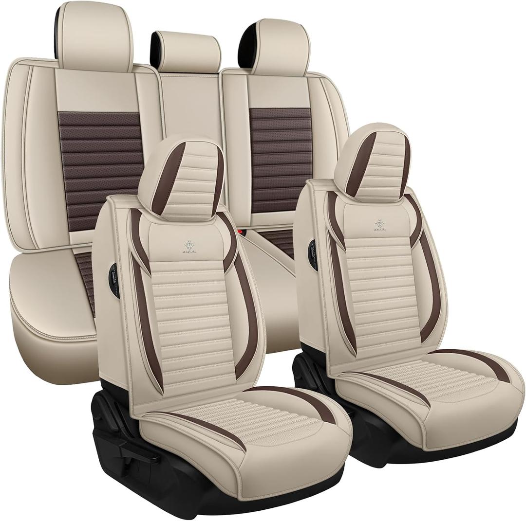 Seat Covers Full Set Fit for Nissan Rogue 2015-2026, Breathable and Comfortable Leather Car Seat Cover, Standard Waterproof Cushion Cover Auto Interior Accessories (Beige Brown)
