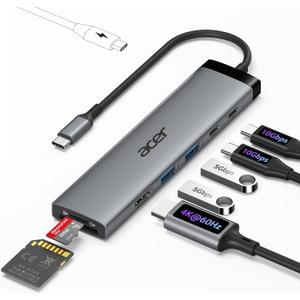 Acer 8 in 1 USB C Hub 10Gbps, USBC to HDMI Adapter 4K@60Hz, 2USB-C 3.2, 2USB A 3.0 Data Transfer, 100W PD Port Type C Multiport Splitter with SD/TF Card Reader, for MacBook Neo, Laptop, PC, Desktop