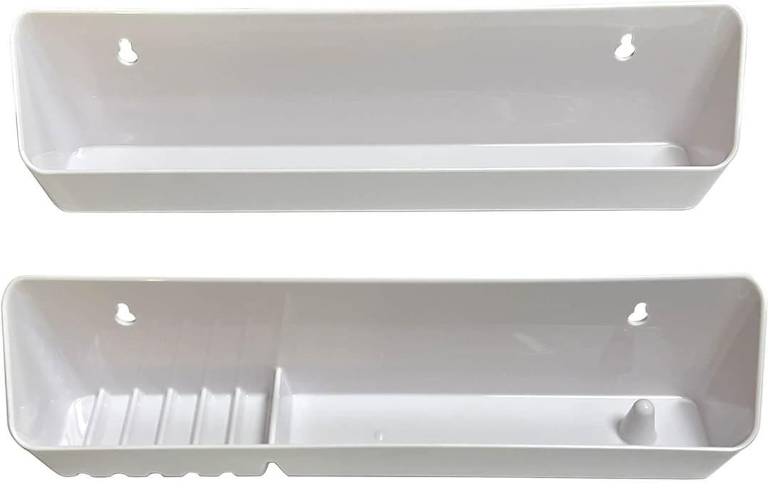 11" Kitchen Sink Front Tip-Out Accessory Trays with Mounting Screws, White, 2 Pack (Conventional Open Tray and Accessory Tray with Ring Holder and Soap Dish) Hinges are Not Included