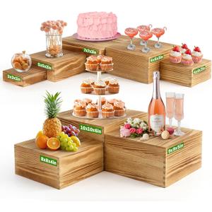 8-Pack Pine Wood Buffet Risers, Multi-Size Nesting Cube Food Display Stands for Buffet Table & Catering, Hollow Bottoms Food Risers for Multi-Level Buffet Presentation