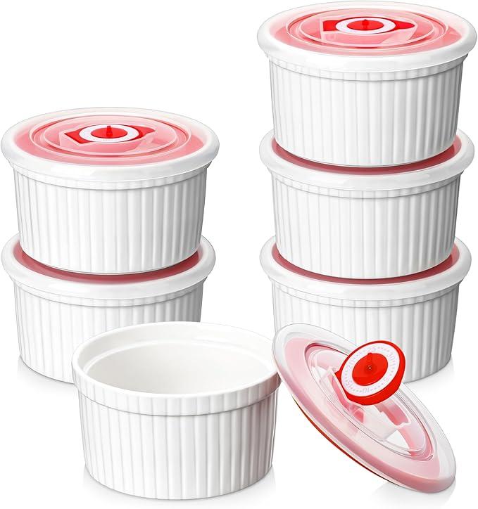 Mfacoy Ramekins with Lids Set of 5, 8 oz Porcelain Creme Brulee Souffle Ramekins with Covers, White Pudding Custard Cups Ramiken for Baking, Small Bowls for Sauces Dessert, Dishwasher and Oven Safe