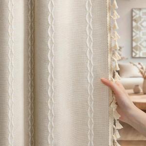 Boho Blackout Curtains 2 Panels 84 Inch for Living Room Bedroom, Beige Linen Texture Farmhouse Curtains with Tassels and Cotton Embroidery Vintage Rustic Western Rod Pocket