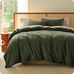 Bedsure Muslin Duvet Cover Queen Size - 100% Cotton 3-Layer Gauze Duvet Cover PureWoven Ultra-Soft & Breathable Bedding Set with Zipper Closure and 8 Corner Ties (Olive Green, Queen, 90"x90")