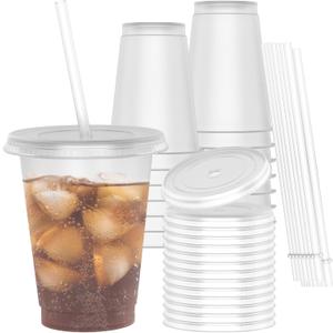 [15 Pack] Reusable Translucent Plastic Cups with Lids and Straws - 16 oz Frosted Clear Cold Drink Tumbler - BPA Free, Dishwasher Safe Drinking Cups for Iced Coffee, Smoothies & DIY Projects