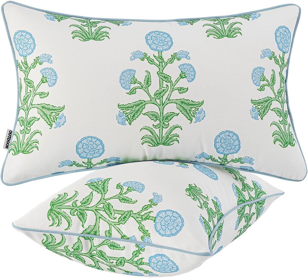 MIULEE Decorative Floral Outdoor Lumbar Pillow Covers with Inserts Set of 2 12x20,Waterproof Vintage Fade Resistant Patio Throw Pillows with Piping for Spring Summer Garden Couch Sofa,Blue and Green