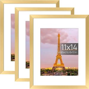 upsimples 11x14 Picture Frame Set of 3, Made of High Definition Glass for 8x10 with Mat or 11x14 Without Mat, Wall and Tabletop Display Photo Frames, Black