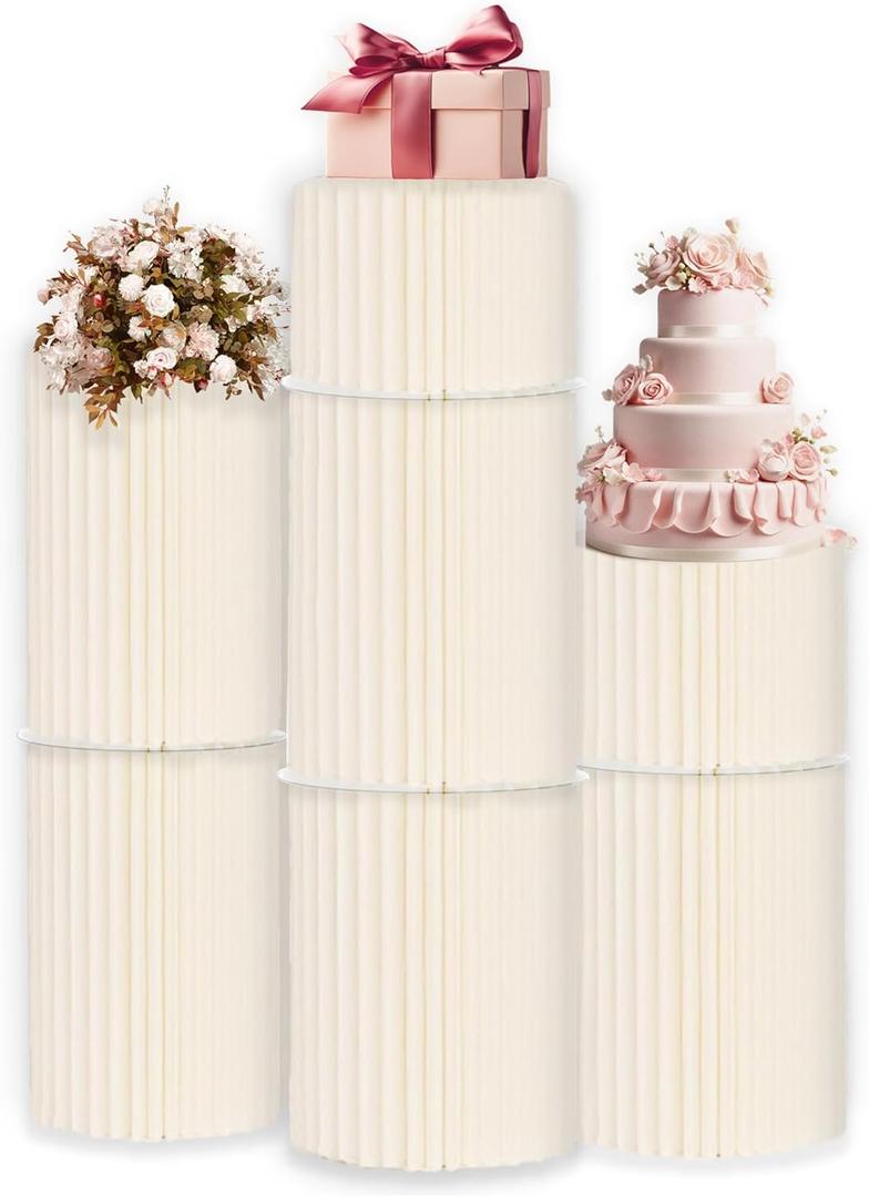 Foldable Cylinder Pedestal Stand for Parties 7pcs Columns Pedestal Display Stands Round White Cylinder Column Table Roman Pillar for Wedding Birthday Baby Shower Party Decor
