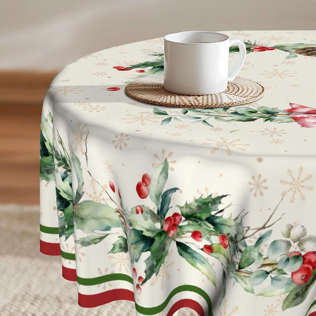 Imiss Christmas Holly Round Tablecloth Winter Snowflake Wrinkle Resistant Table Cloth Xmas Red Bird Decor Table Cover for Winter Holiday Home Kitchen Picnic Party 60 Inch