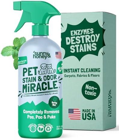 Sunny & Honey Pet Stain & Odor Miracle - Enzyme Cleaner for Dog Urine & Cat Pee - Pet Odor & Stain Remover Spray for Carpet, Mattress, Furniture - Carpet Cleaner (32 Fl Oz, Spring Mint Scent)